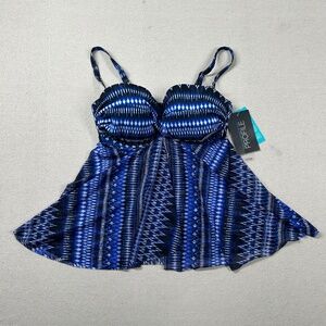 Gottex Profile Swimsuit Top 34 D Tankini Sweetheart Rouched Draped Striped Blue